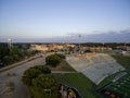 aerial shot of a gorgeous autumn landscape at Grambling State University with red brick buildings across the campus, water towers