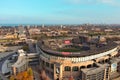 aerial shot of a gorgeous autumn landscape at Guaranteed Rate Field with autumn colored trees, cars on the street and office