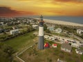 aerial shot of the a gorgeous spring landscape at Tybee Island Beach with the lighthouse, blue ocean water, a brown sandy beach Royalty Free Stock Photo