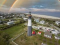 aerial shot of the a gorgeous spring landscape at Tybee Island Beach with the lighthouse, blue ocean water, a brown sandy beach Royalty Free Stock Photo