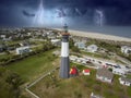 aerial shot of the a gorgeous spring landscape at Tybee Island Beach with the lighthouse, blue ocean water, a brown sandy beach Royalty Free Stock Photo