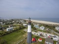 aerial shot of the a gorgeous spring landscape at Tybee Island Beach with the lighthouse, blue ocean water, a brown sandy beach Royalty Free Stock Photo