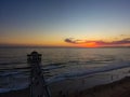 An aerial shot of a gorgeous summer landscape at the Manhattan Beach Pier with a stunning sunset in the sky Royalty Free Stock Photo