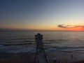 An aerial shot of a gorgeous summer landscape at the Manhattan Beach Pier with a stunning sunset in the sky Royalty Free Stock Photo