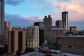 aerial shot of a gorgeous summer landscape with skyscrapers, hotels, office buildings and tower cranes in the city skyline