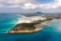 Aerial shot of Hill Inlet over Whitsunday Island - swirling white sands, sail boats and blue green water Royalty Free Stock Photo