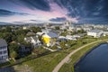 aerial shot of homes along the shores of Carolina Lake with hotels, retail stores and apartments in the city skyline Royalty Free Stock Photo