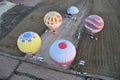 Aerial shot of hot air balloons landing in Cappadocia, Turkey