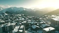 Aerial shot of hotels and chalets of Alpe d'Huez ski resort. Tourism in winter in France