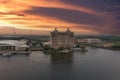 aerial shot of hotels and the Savannah Convention Center along the rippling waters of the Savannah River with lush green trees Royalty Free Stock Photo