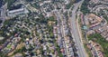 Aerial shot of houses and highway in suburbs of san mateo county, sf bay area california, USA