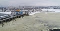 Aerial shot of a hydroelectric power station dam near road