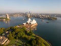 Aerial shot of the iconic Sydney Opera House and Harbour Bridge in Australia. Royalty Free Stock Photo