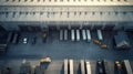 Aerial Shot of Industrial Warehouse Loading Dock where Many Truck with Semi Trailers Load Merchandise Royalty Free Stock Photo