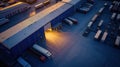 Aerial Shot of Industrial Warehouse Loading Dock where Many Truck with Semi Trailers Load Merchandise Royalty Free Stock Photo