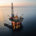 An aerial shot of a jack-up drilling rig at an offshore area at dusk