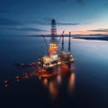 An aerial shot of a jack-up drilling rig at an offshore area at dusk