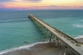 aerial shot of Johnnie Mercer\'s Fishing Pier with vast blue ocean water and people walking along the pier Royalty Free Stock Photo