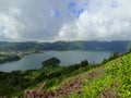 Aerial shot of Lake Lagoa das Sete Cidades on the archipelago of the Azores, Portugal Royalty Free Stock Photo