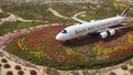 Aerial shot of a life size Emirates Airbus A380 made from flowers in the Miracle Garden