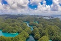 Aerial shot a Limestone islands form a remote lagoon in northern Raja Ampat, Indonesia. Royalty Free Stock Photo