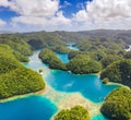 Aerial shot a Limestone islands form a remote lagoon in northern Raja Ampat, Indonesia. Hi Res panorama. Royalty Free Stock Photo