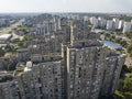 Aerial Shot of Living Discrict in Belgrade, Serbia. Brutalist Typical Socialist multi flat Buildings, Block 23, block 62 Royalty Free Stock Photo