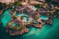 Aerial shot of a luxurious beach resort on tropical island, featuring stunning infinity pools, private villas, and pristine