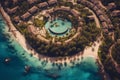 Aerial shot of a luxurious beach resort on tropical island, featuring stunning infinity pools, private villas, and pristine