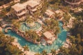 Aerial shot of a luxurious beach resort on tropical island, featuring stunning infinity pools, private villas, and pristine