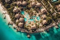 Aerial shot of a luxurious beach resort on tropical island, featuring stunning infinity pools, private villas, and pristine