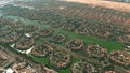 Aerial view of luxury Jumeirah Islands and Jumeirah Park communities in Dubai, United Arab Emirates UAE