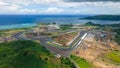 Aerial shot of Mandalika International Circuit with beautiful background of Kuta beach Lombok