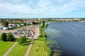 Aerial shot of marieberg district close to mariebergsskogen, vanern lake and marieberg marina in Karlstad, Sweden Royalty Free Stock Photo