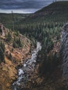 Aerial shot of a mountain landscape with a dense forest and a river Royalty Free Stock Photo