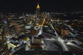 Aerial shot of New York City at nighttime with beautiful skyscrapers and buildings with lights Royalty Free Stock Photo