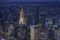 Aerial shot of a night view of skyscrapers in New York, Manhattan, USA