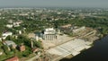 Aerial shot of the Novgorod Academic Drama Theatre in Veliky Novgorod on the riverbank of Volkhov river, Russia Royalty Free Stock Photo