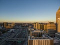 aerial shot of office buildings and skyscrapers in the city skyline at sunset with a gorgeous blue sky in Atlanta Georgia USA Royalty Free Stock Photo