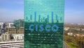 Aerial shot of office skyscraper with Cisco Systems logo. Modern office building. Editorial 3D rendering