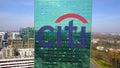 Aerial shot of office skyscraper with Citigroup logo. Modern office building. Editorial 3D rendering