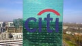 Aerial shot of office skyscraper with Citigroup logo. Modern office building. Editorial 3D rendering 4K clip