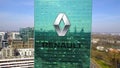 Aerial shot of office skyscraper with Groupe Renault logo. Modern office building. Editorial 3D rendering