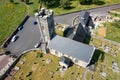Aerial shot of an old stone church and graveyard in Ireland Royalty Free Stock Photo