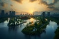 Aerial shot of the Olympic Park, showcasing the various venues and facilities .Sunset over park with lake, city backdrop,