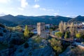 Aerial shot of Port tower of the Genoese fortress in Sudak at sunset Royalty Free Stock Photo