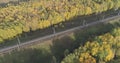 Aerial shot of railroad between autumn trees in forest in october Royalty Free Stock Photo