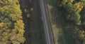 Aerial shot of railroad between autumn trees in forest in october Royalty Free Stock Photo