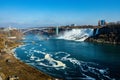 Aerial shot of the Rainbow arch bridge over the Niagara river under the blue sky, Ontario Royalty Free Stock Photo