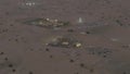 Aerial shot of recreational desert camps in the evening, United Arab Emirates UAE